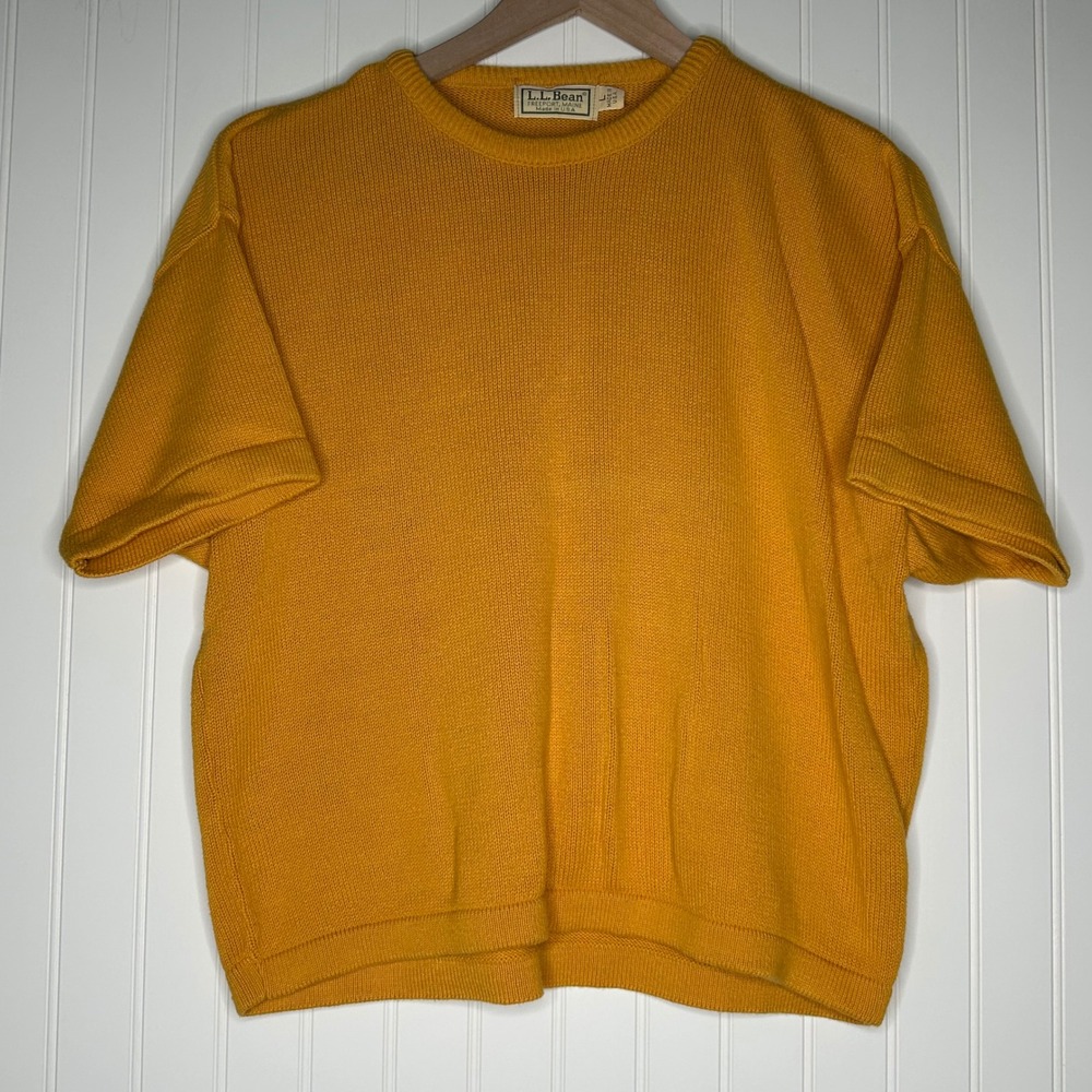 Vintage L.L. Bean Womens Sweater L Mustard Yellow Cotton USA Boxy Knit